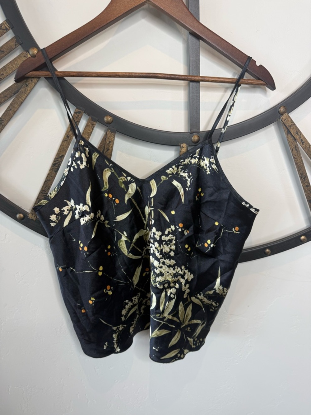 Black Floral Satin Cami with Delicate Botanical Print